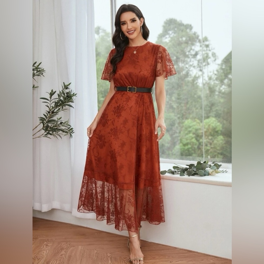 Flutter Sleeve Belted Ruffle Hem Maxi Prom Dress
